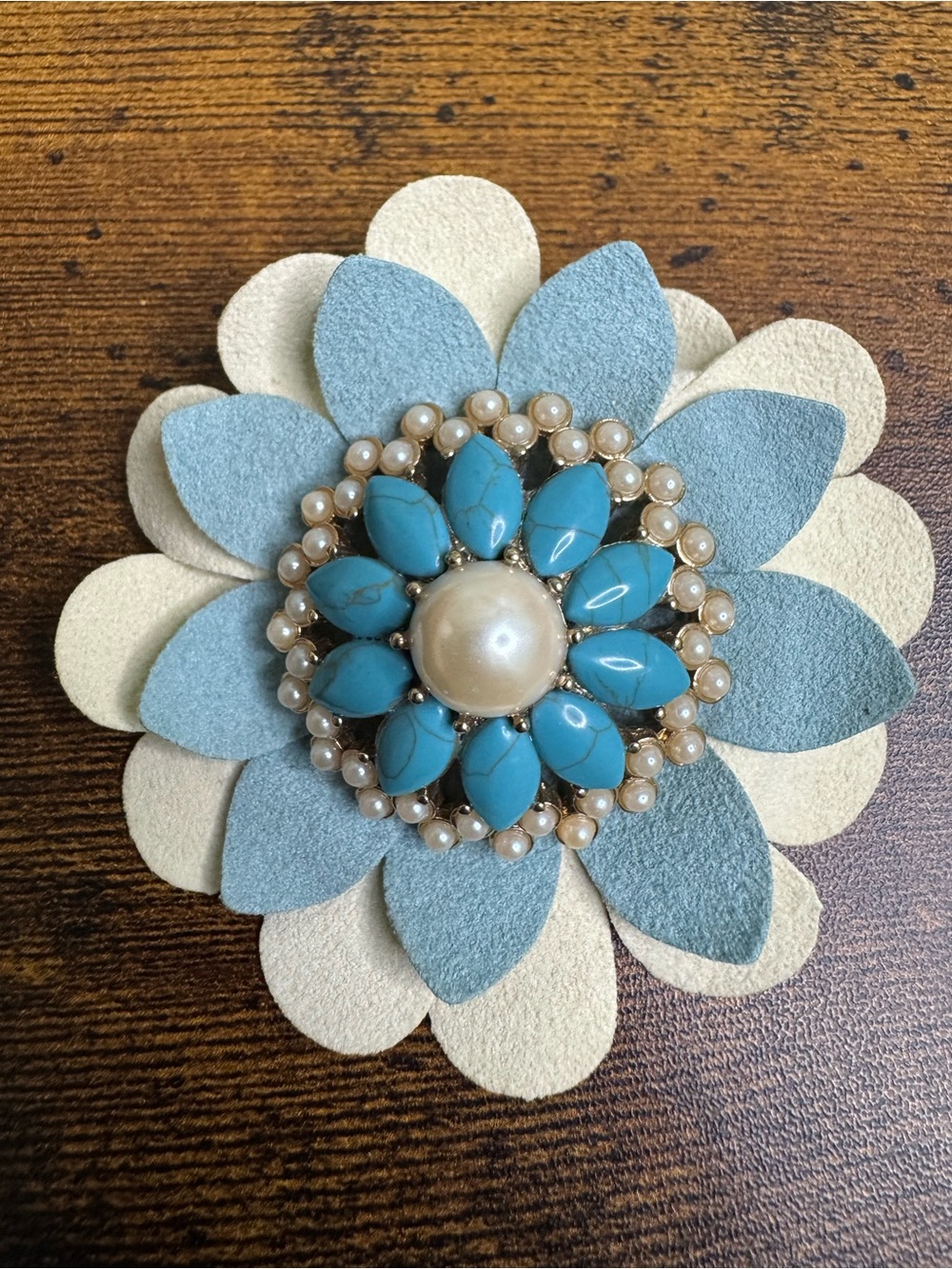 Monet Turquoise & Cream Floral Pearl Cluster Brooch Pin Suede Petals Signed